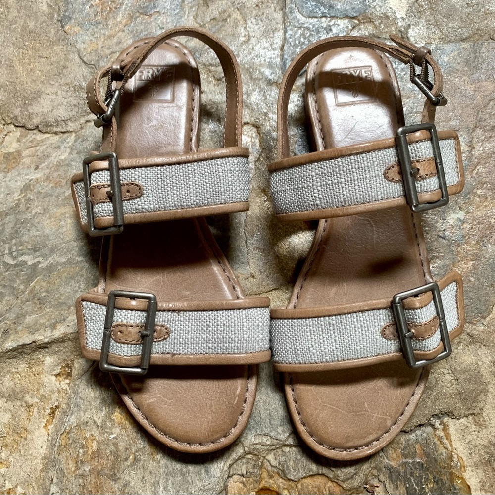 NEW Frye Phillip Buckles Sandals Leather Twill Slate British Tan HTF Never Worn